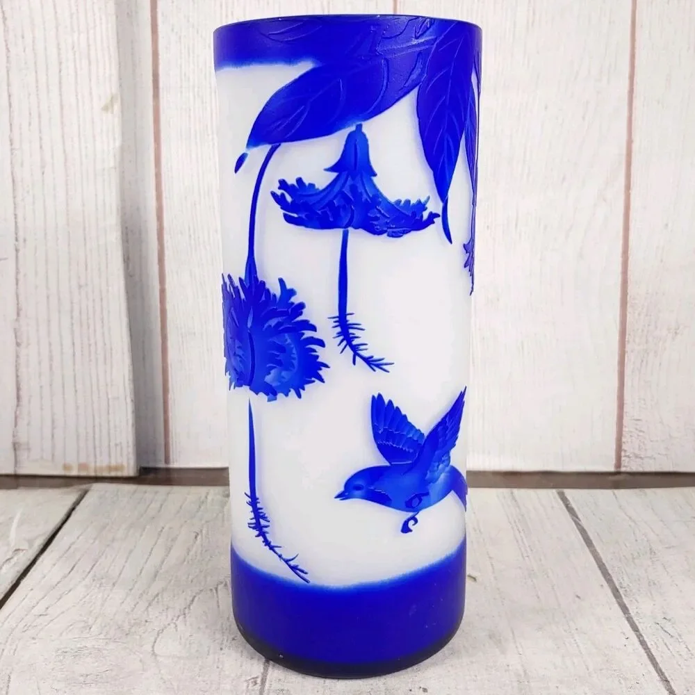 Vintage Emile Galle Cameo Glass Vase Signed REPRODUCTION Blue White Bird Flowers